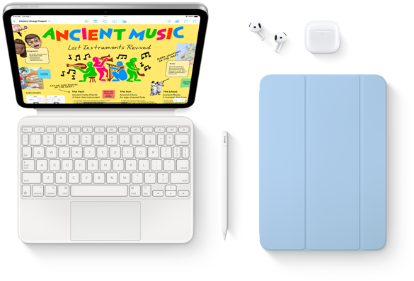 Images des produits suivants : iPad, Magic Keyboard Folio, Apple Pencil, AirPods et Smart Folio.