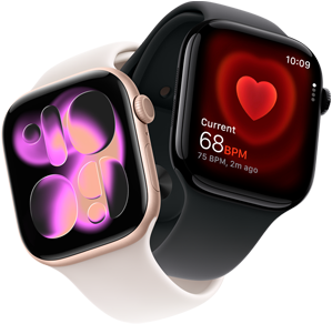 Apple Watch Series 11, aluminium or rose, cadran Responsive Art, côté droit : Digital Crown, microphone, bouton latéral, Bracelet Sport rose tendre, Apple Watch Series 11, aluminium noir de jais, app Fréquence cardiaque, battements par minute en cours, côté droit : Digital Crown, Bracelet Sport noir