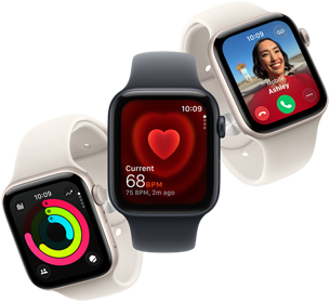 Trois Apple Watch SE 3 flottent les unes à côté des autres