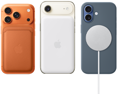 iPhone 17 Pro, face arrière, coloris orange cosmique, avec coque en silicone couleur sienne et Porte-cartes en tissage fin avec MagSafe couleur roux orangé ; iPhone Air, face arrière, coloris blanc nuage, avec Batterie Magsafe ; iPhone 17, face arrière, coloris brume, avec coque en silicone couleur bleu maritime et chargeur MagSafe