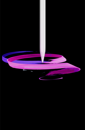 Apple Pencil Pro, face avant, orientation portrait, profil latéral, blanc, dessin de rubans abstraits violets et roses