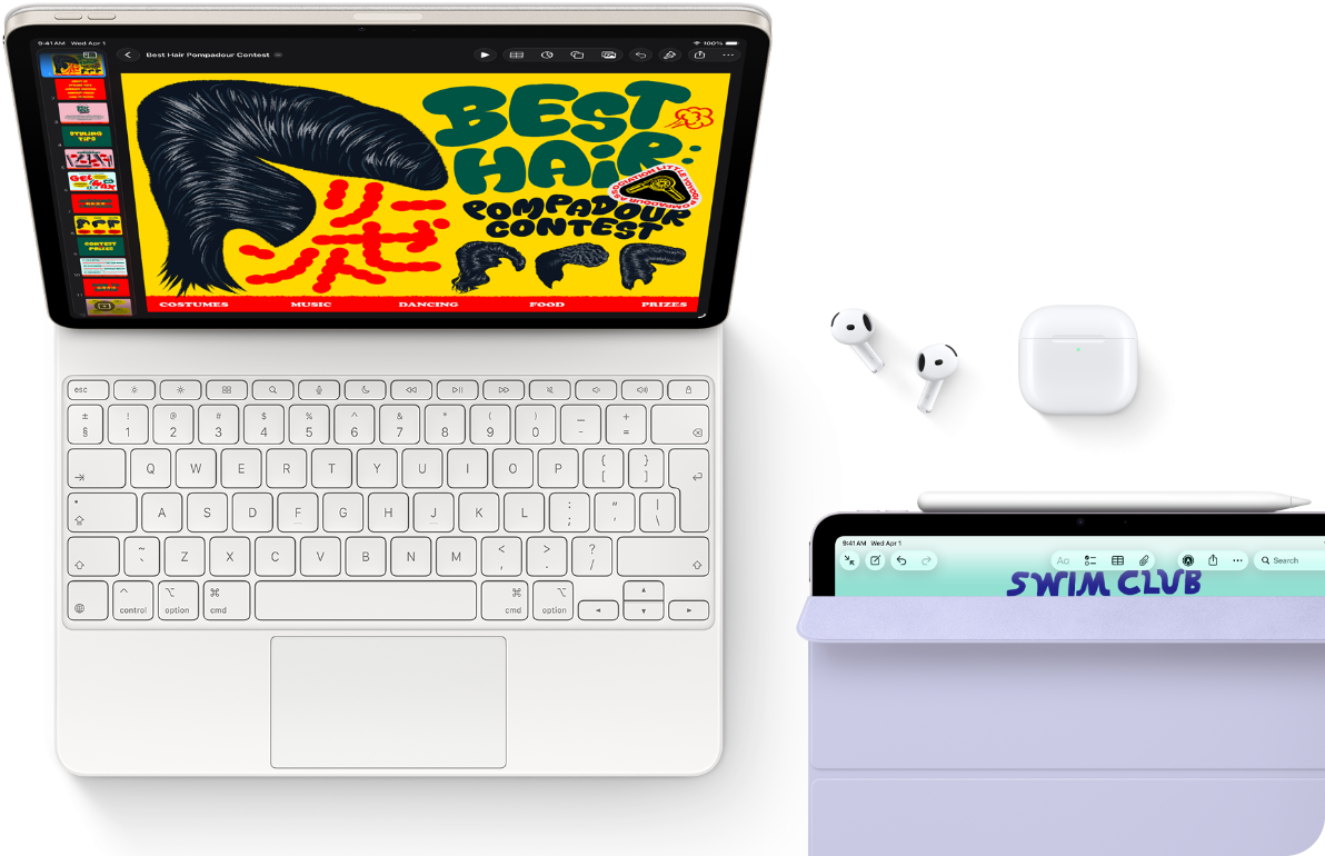 iPad Air, coloris lumière stellaire, écran affichant des graphismes colorés, fixé à un Magic Keyboard, à côté des accessoires Airpods Pro et Apple Pencil Pro