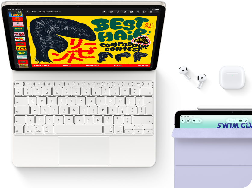 iPad Air, coloris lumière stellaire, écran affichant des graphismes colorés, fixé à un Magic Keyboard, à côté des accessoires Airpods Pro et Apple Pencil Pro